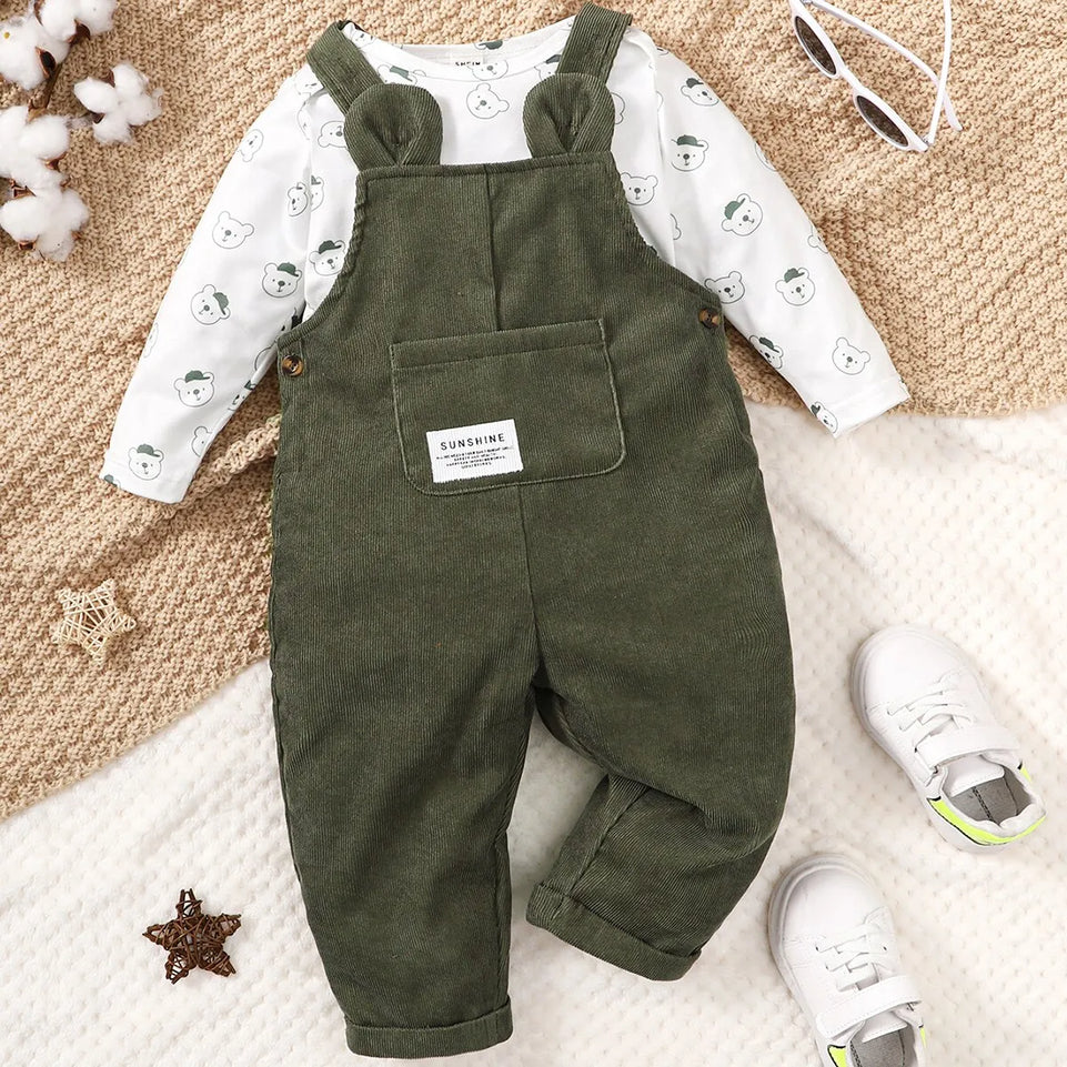 3-24 Months Baby Boy Cute Little Bear Printed Clothing Set White Long Sleeved Top+Green Strap Pants Autumn Set for Toddler Girl