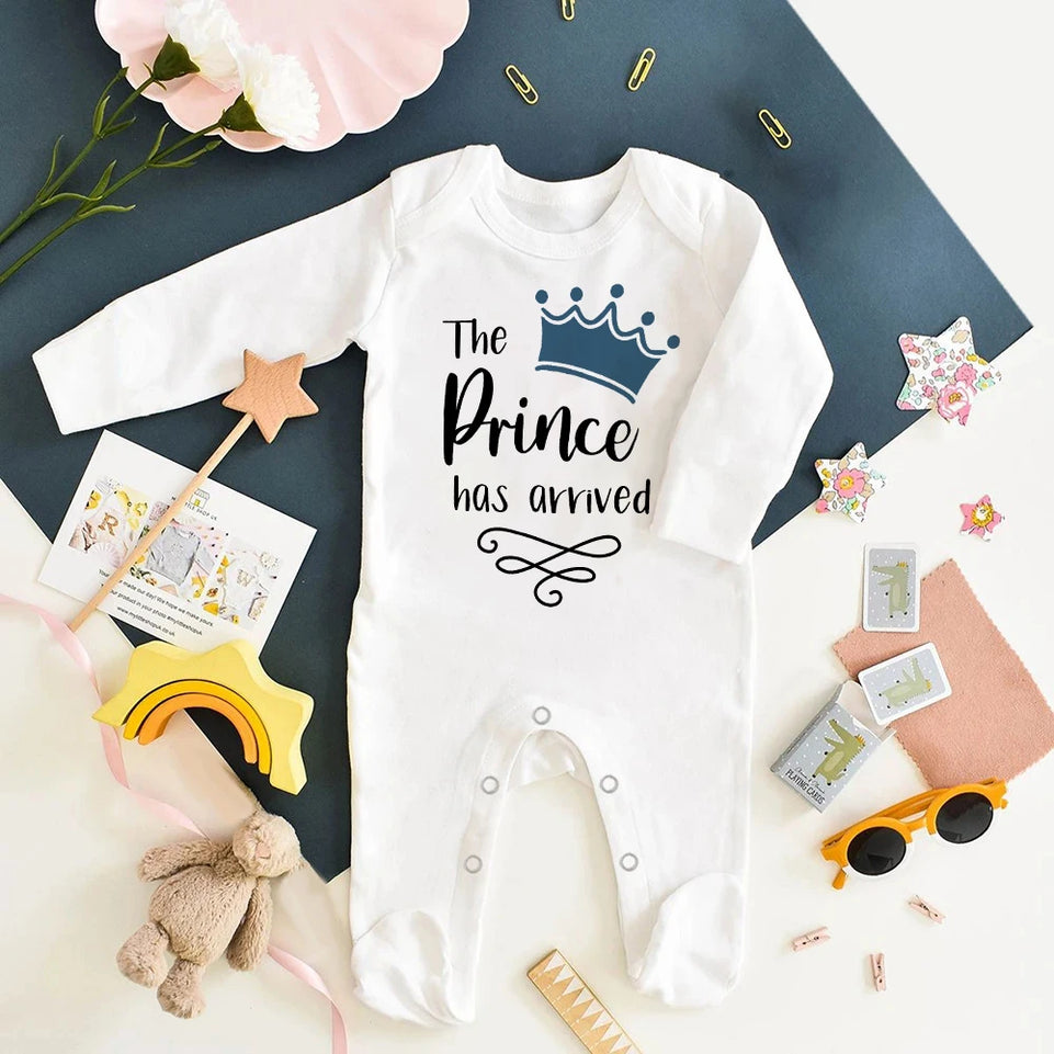 The Prince Has Arrived Print Baby Babygrow Sleepsuit Vest Bodysuit Newborn Boys Coming Home Hospital Clothes Infant Shower Gift